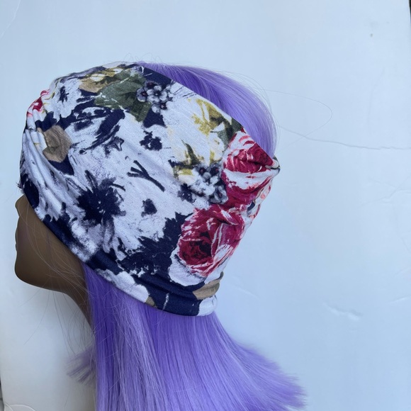 Wide Purple Floral Print Turban Headband, Headwrap - Picture 3 of 5